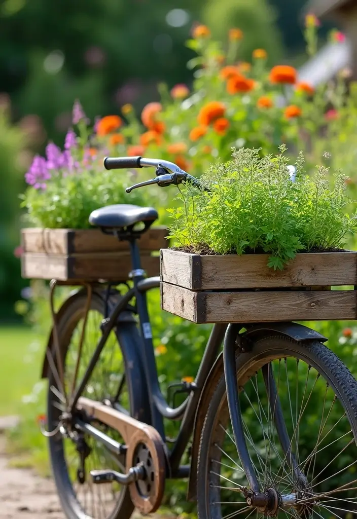 30 Bike Planter Ideas for a Vintage Garden Touch - 17. Bicycle Planter with Planter Boxes