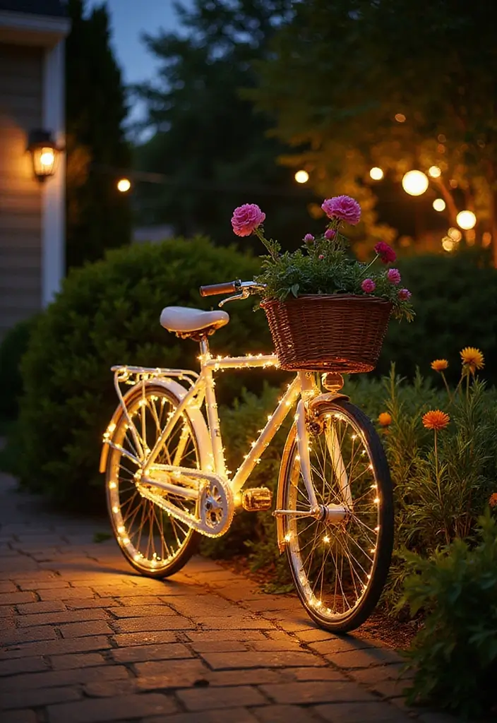 30 Bike Planter Ideas for a Vintage Garden Touch - 18. Bike Planter with Solar Lights
