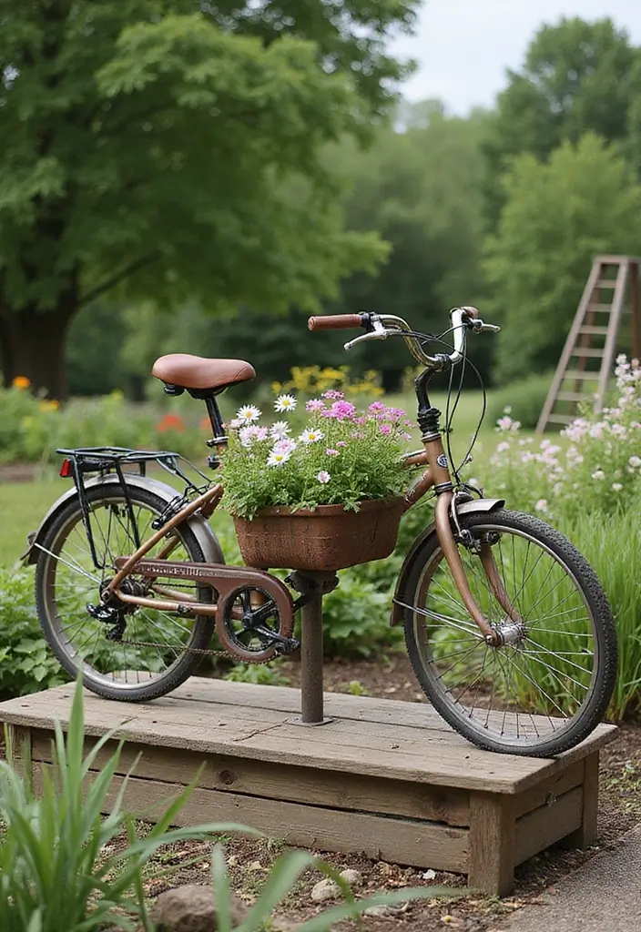 30 Bike Planter Ideas for a Vintage Garden Touch - 25. Bicycle Planter with Elevated Design