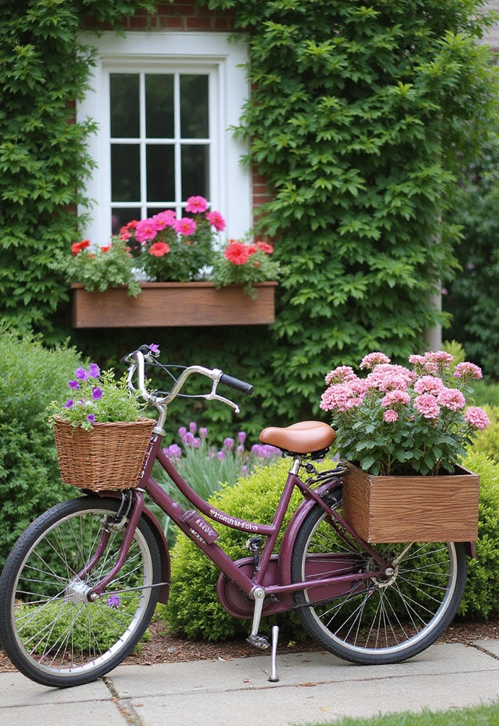 30 Bike Planter Ideas for a Vintage Garden Touch - 26. Bicycle Planter with Window Boxes