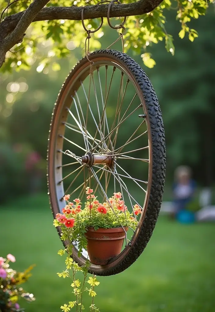 30 Bike Planter Ideas for a Vintage Garden Touch - 3. Upcycled Bicycle Wheel Garden Art
