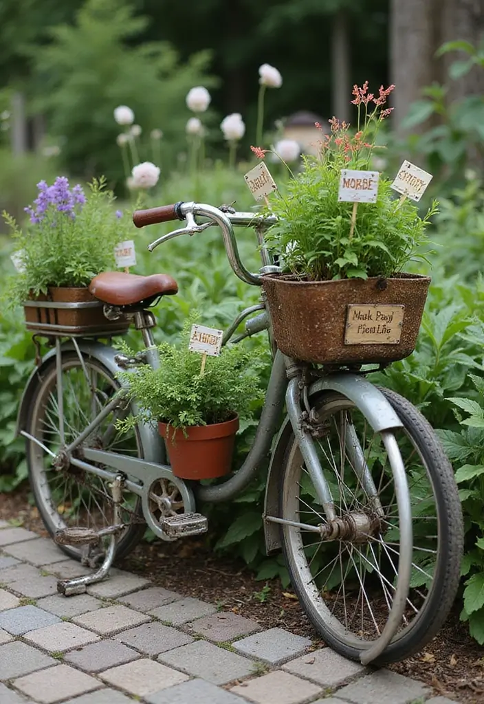 30 Bike Planter Ideas for a Vintage Garden Touch - 7. Themed Bicycle Planter Display