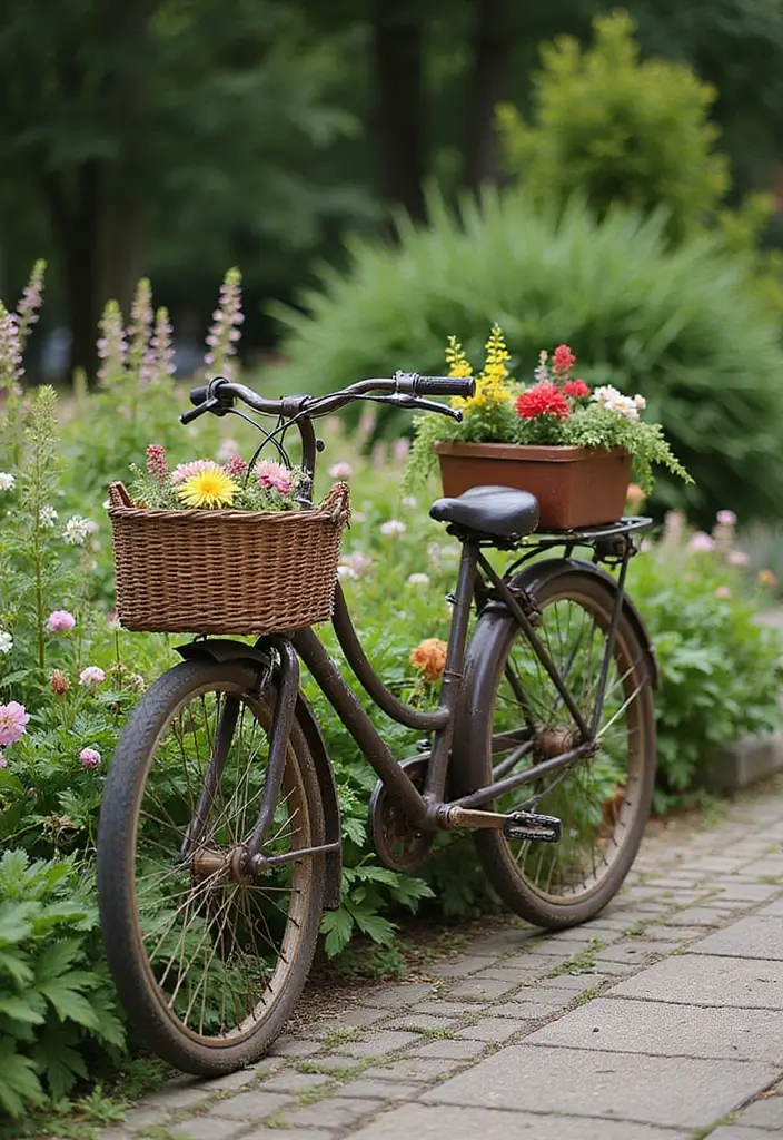 30 Bike Planter Ideas for a Vintage Garden Touch - 8. Rustic Bicycle with Potted Flowers