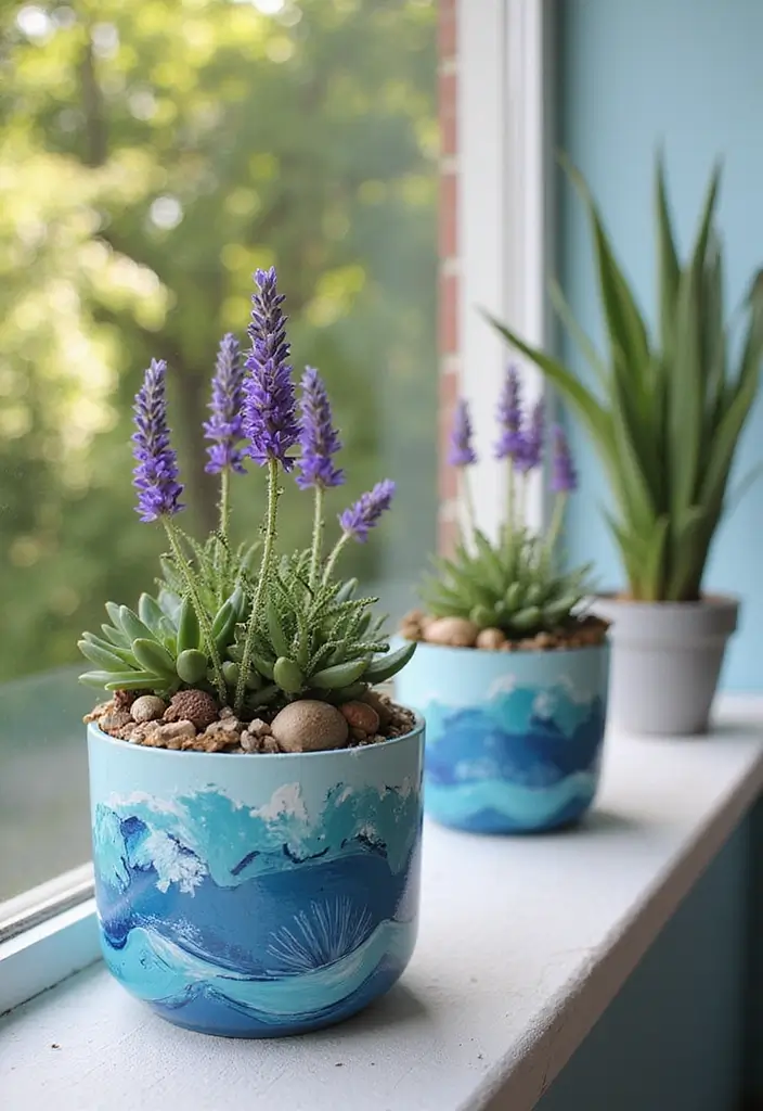 30 Blue Planter Ideas That Bring Calm Coastal Vibes 75 30 Blue Planter Ideas That Bring Calm Coastal Vibes - 13. Ocean-Themed Painted Pots