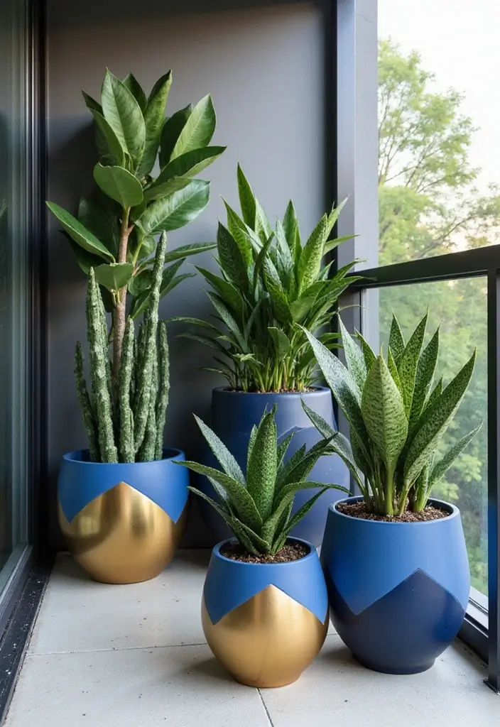 30 Blue Planter Ideas That Bring Calm Coastal Vibes 153 30 Blue Planter Ideas That Bring Calm Coastal Vibes - 25. Blue and Gold Geometric Planters