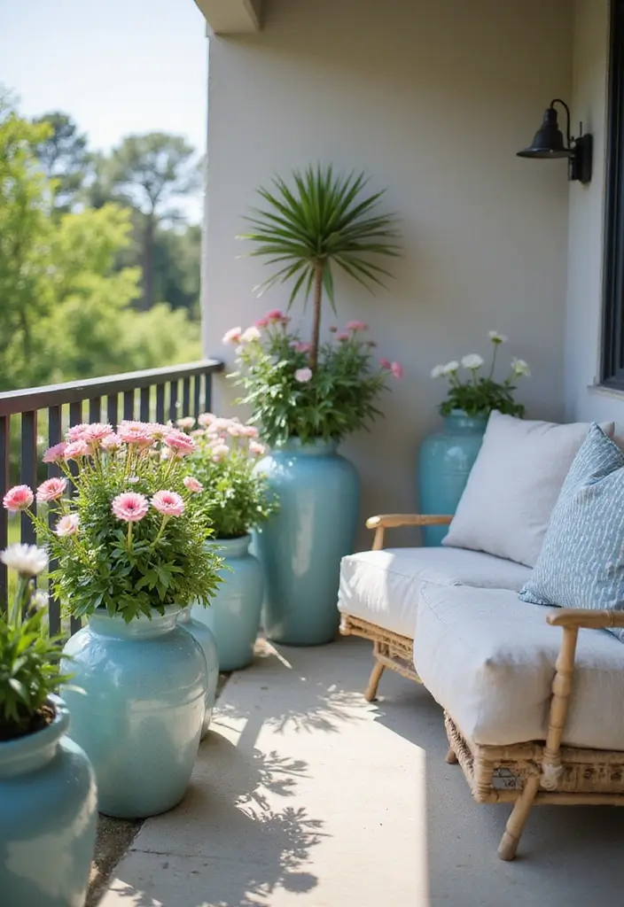 30 Blue Planter Ideas That Bring Calm Coastal Vibes 36 30 Blue Planter Ideas That Bring Calm Coastal Vibes - 6. Light Blue Glazed Pots
