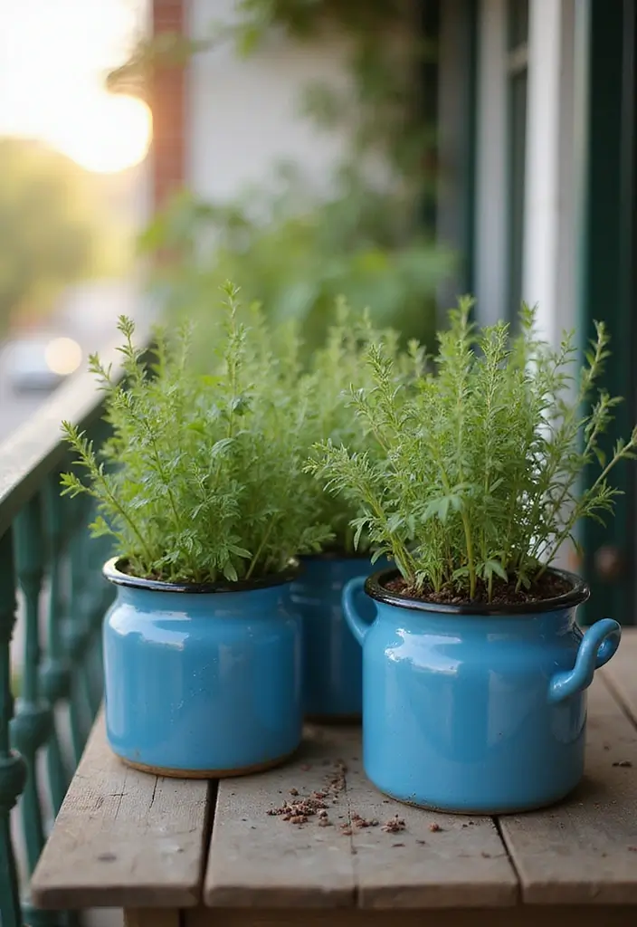 30 Blue Planter Ideas That Bring Calm Coastal Vibes 41 30 Blue Planter Ideas That Bring Calm Coastal Vibes - 7. Vintage Blue Enamelware Pots