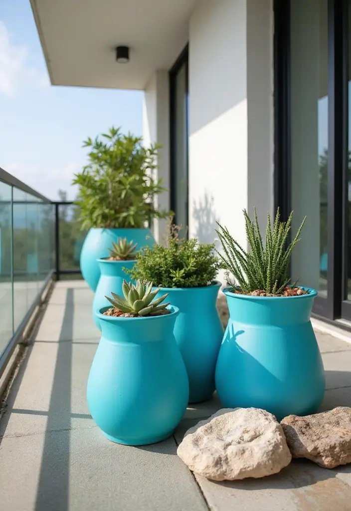 30 Blue Planter Ideas That Bring Calm Coastal Vibes 48 30 Blue Planter Ideas That Bring Calm Coastal Vibes - 8. Bright Azure Planters with Succulents