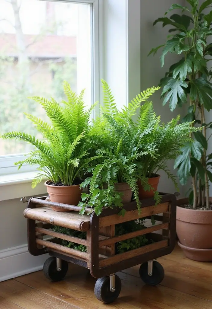 30 Boston Fern Planter Ideas for Lush Green Corners 109 30 Boston Fern Planter Ideas for Lush Green Corners - 17. Indoor Garden Cart
