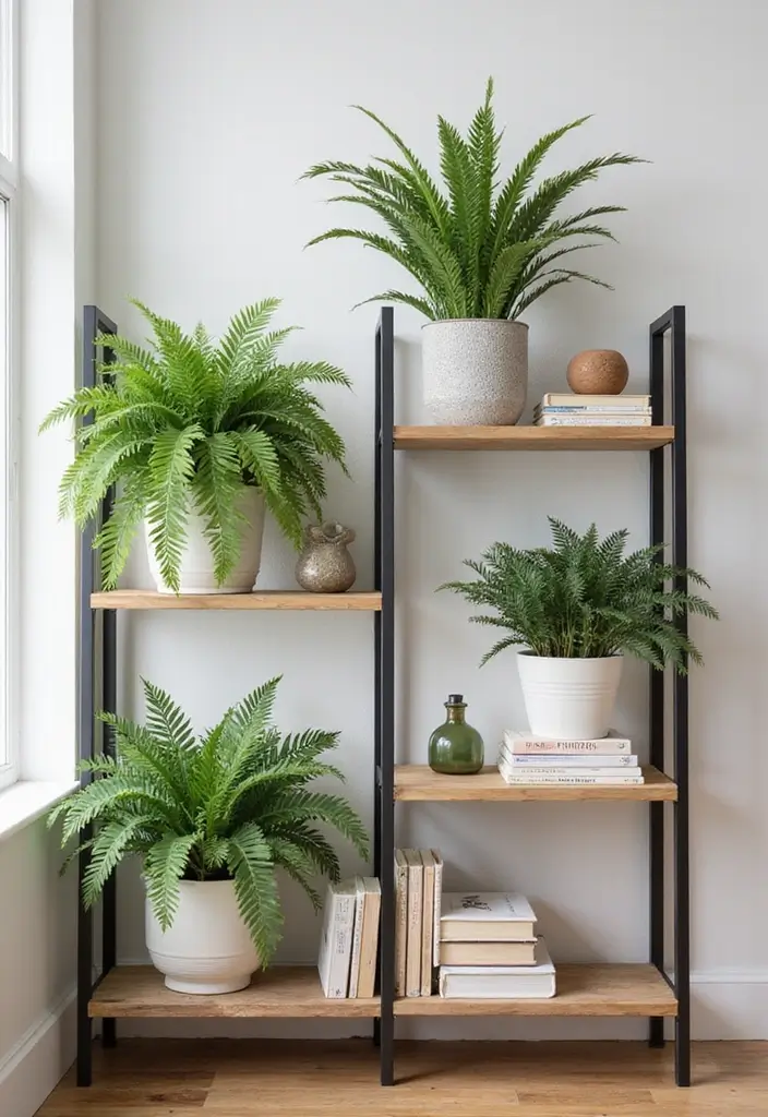 30 Boston Fern Planter Ideas for Lush Green Corners 8 30 Boston Fern Planter Ideas for Lush Green Corners - 2. Shelf Displays with Varied Heights