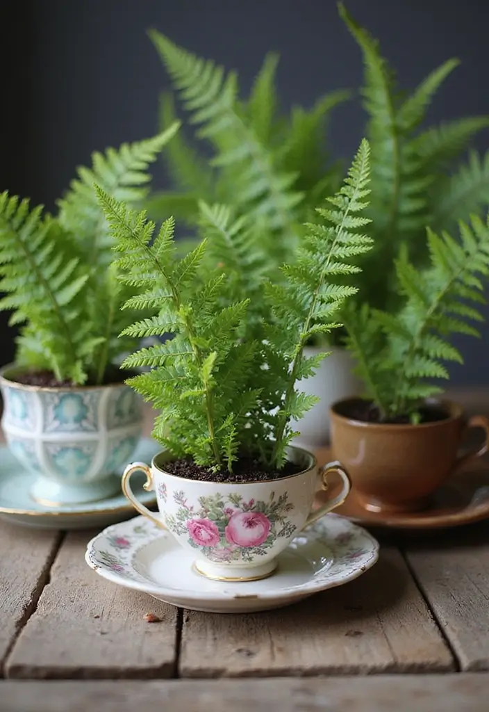 30 Boston Fern Planter Ideas for Lush Green Corners 15 30 Boston Fern Planter Ideas for Lush Green Corners - 3. Ferns in Vintage Teacups