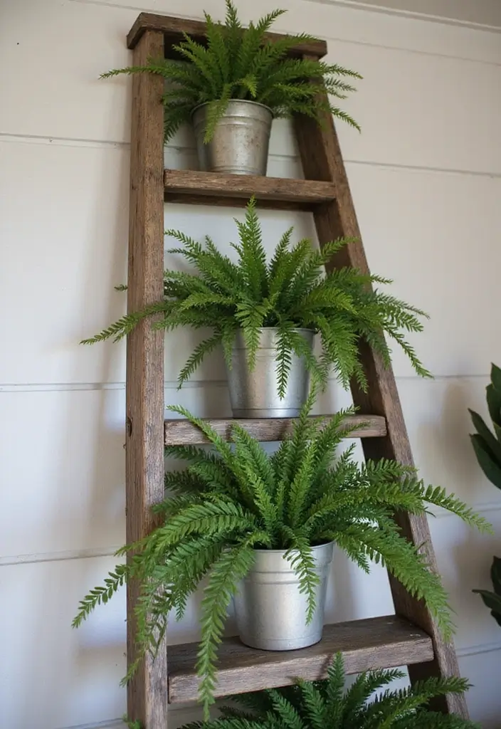 30 Boston Fern Planter Ideas for Lush Green Corners 198 30 Boston Fern Planter Ideas for Lush Green Corners - 30. Rustic Ladder Displays