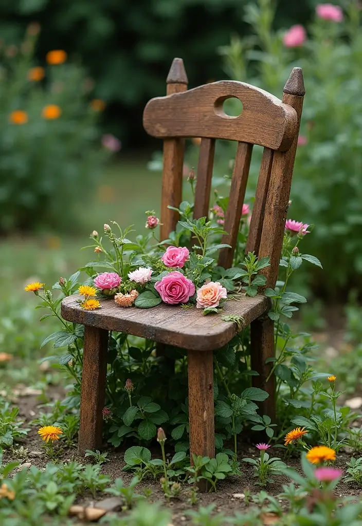 30 Chair Planter Ideas That Turn Old Furniture Into Art - 19. The Stake and Chair Planter