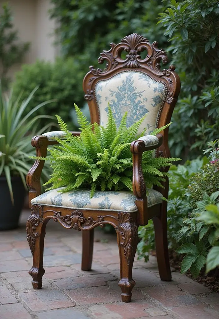 30 Chair Planter Ideas That Turn Old Furniture Into Art - 2. Vintage Throne