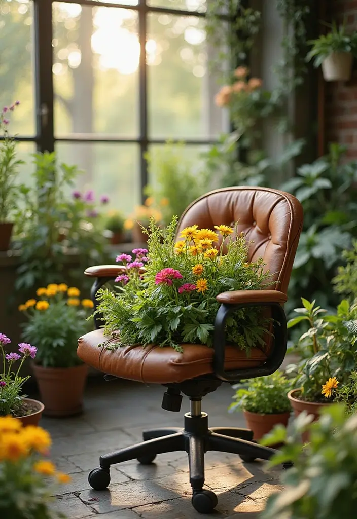 30 Chair Planter Ideas That Turn Old Furniture Into Art - 24. The Office Chair Garden