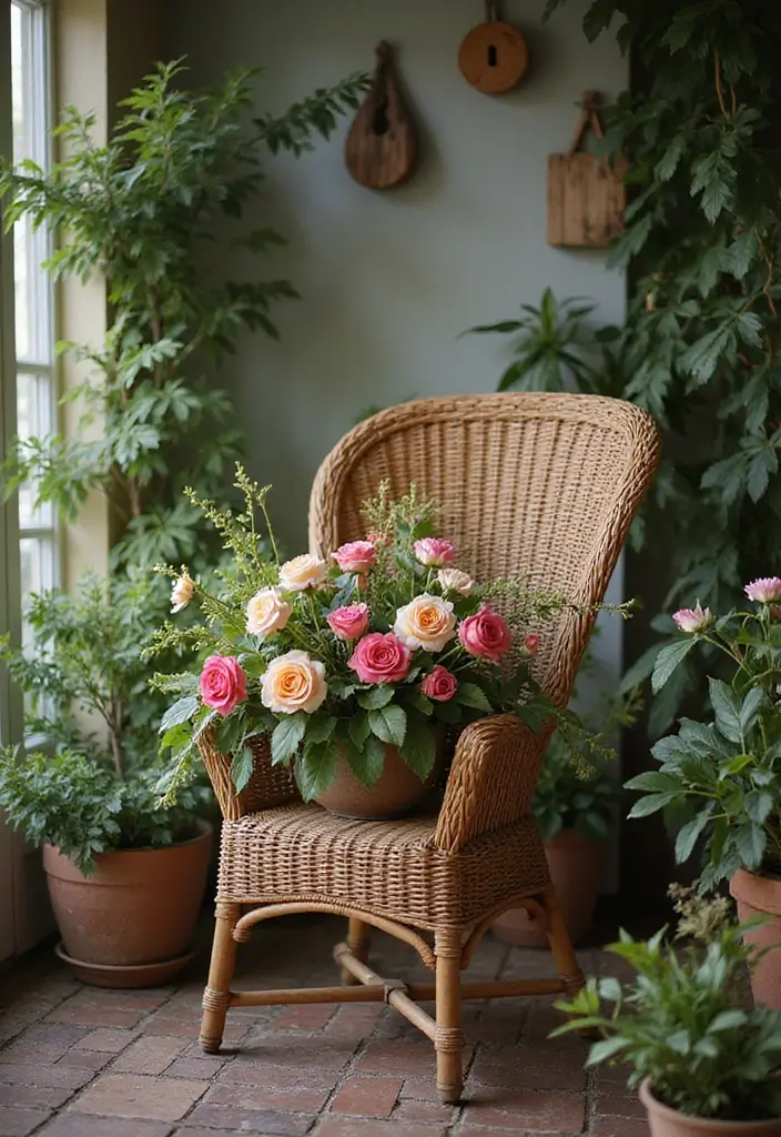 30 Chair Planter Ideas That Turn Old Furniture Into Art - 28. The Wicker Wonder