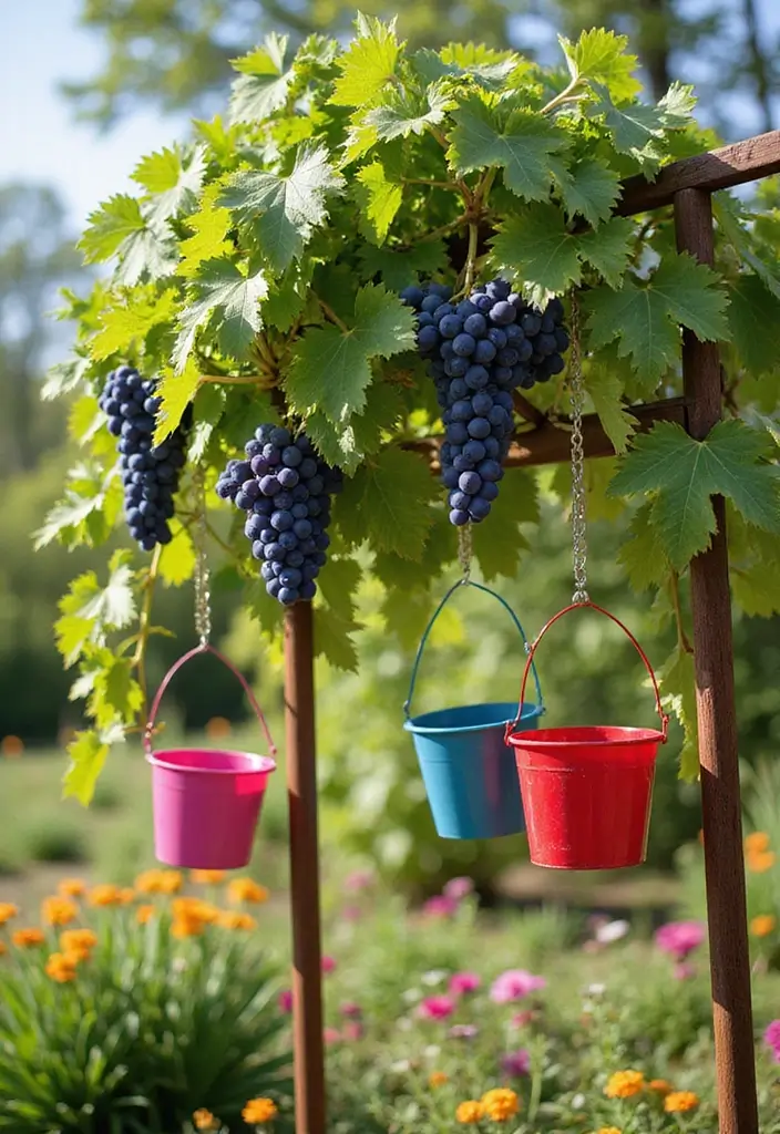 30 Concord Grape Trellis Ideas for Classic Vineyards 183 30 Concord Grape Trellis Ideas for Classic Vineyards - 27. Hanging Bucket Trellis