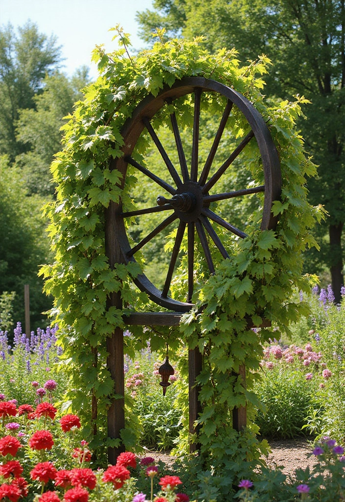 30 Concord Grape Trellis Ideas for Classic Vineyards 195 30 Concord Grape Trellis Ideas for Classic Vineyards - 29. Vertical Wheel Trellis