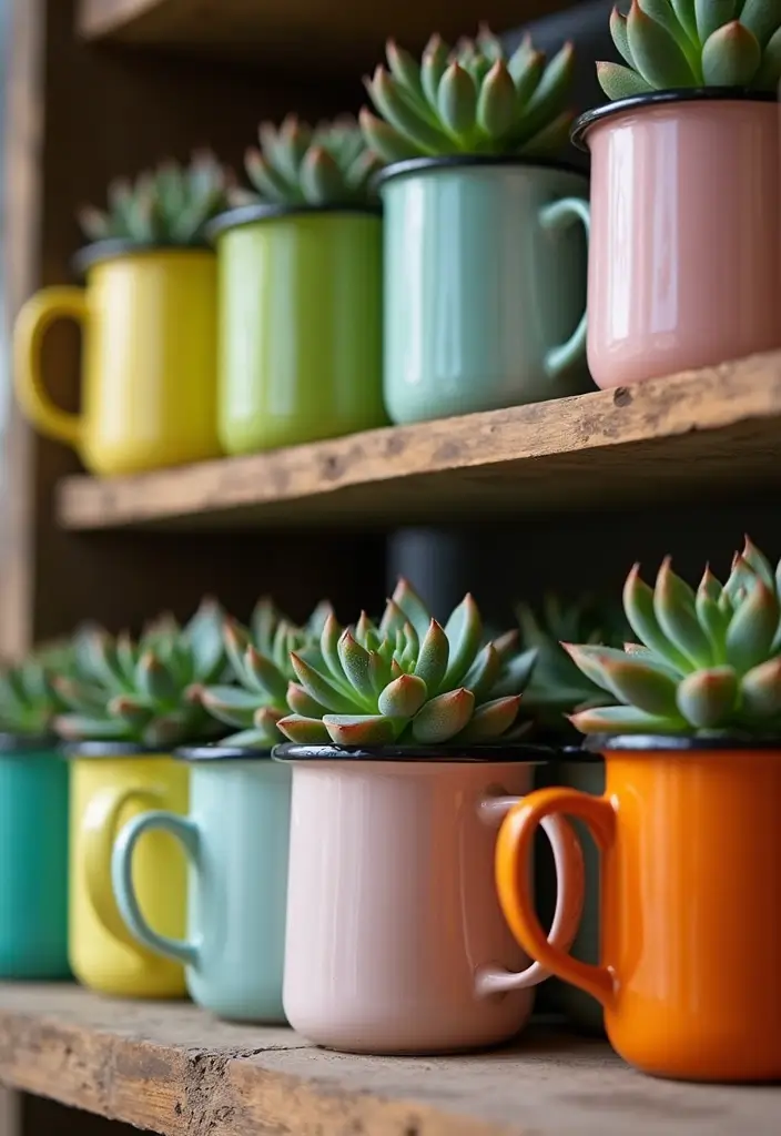 30 Cup Planter Ideas That Are Adorable and Easy to Make 8 30 Cup Planter Ideas That Are Adorable and Easy to Make - 2. Colorful Enamel Mugs