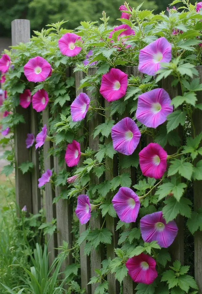 30 DIY Morning Glory Trellis Ideas for a Burst of Color 100 30 DIY Morning Glory Trellis Ideas for a Burst of Color - 16. Fencing Trellis Combo