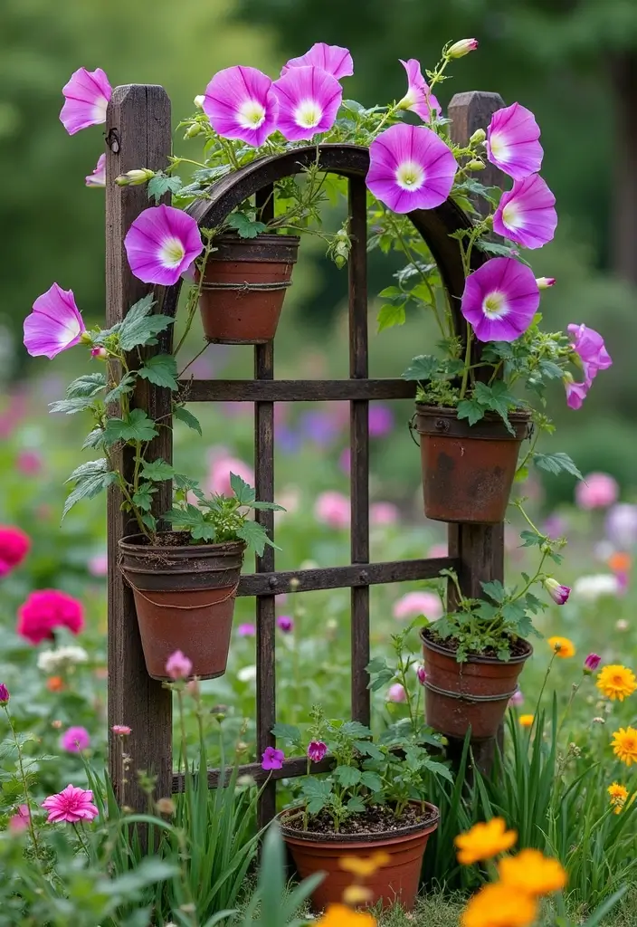 30 DIY Morning Glory Trellis Ideas for a Burst of Color 121 30 DIY Morning Glory Trellis Ideas for a Burst of Color - 19. Repurposed Garden Tools Trellis
