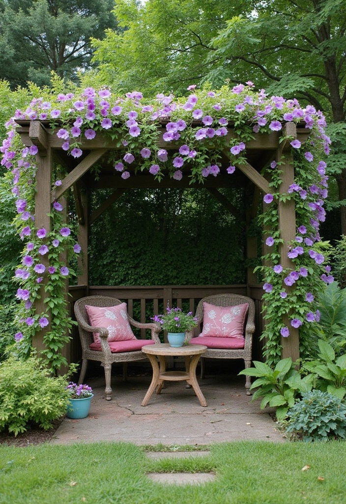 30 DIY Morning Glory Trellis Ideas for a Burst of Color 126 30 DIY Morning Glory Trellis Ideas for a Burst of Color - 20. Trellis with Enclosed Seating Area