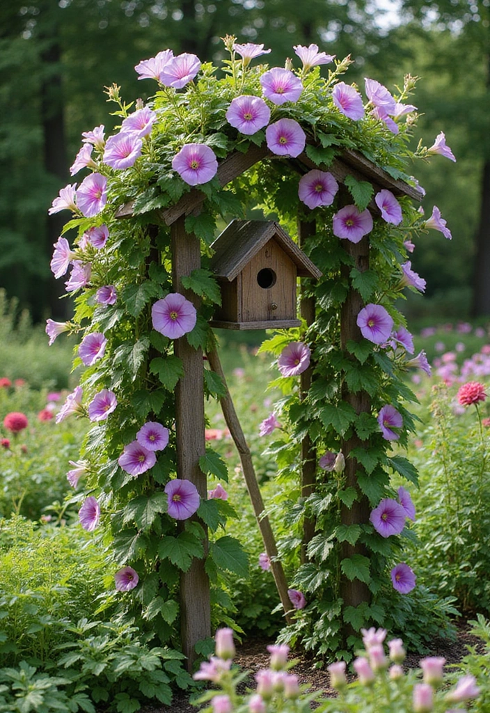 30 DIY Morning Glory Trellis Ideas for a Burst of Color 171 30 DIY Morning Glory Trellis Ideas for a Burst of Color - 27. Trellis with Birdhouse