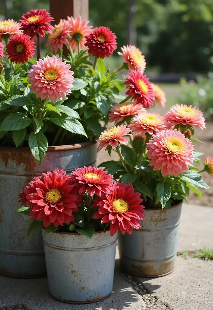 30 Dahlia Planter Ideas to Showcase Bold Blooms 60 30 Dahlia Planter Ideas to Showcase Bold Blooms - 10. Decorative Metal Buckets