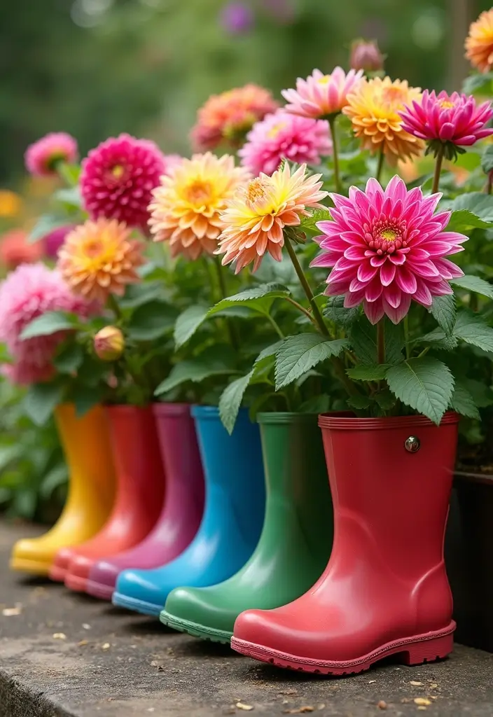 30 Dahlia Planter Ideas to Showcase Bold Blooms 72 30 Dahlia Planter Ideas to Showcase Bold Blooms - 12. Colorful Rain Boots