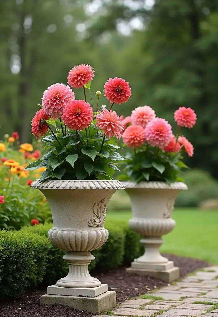 30 Dahlia Planter Ideas to Showcase Bold Blooms 77 30 Dahlia Planter Ideas to Showcase Bold Blooms - 13. Elegant Urns