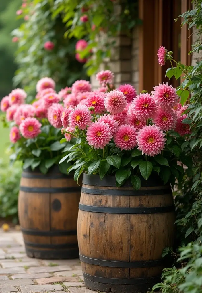 30 Dahlia Planter Ideas to Showcase Bold Blooms 84 30 Dahlia Planter Ideas to Showcase Bold Blooms - 14. Repurposed Wooden Barrels