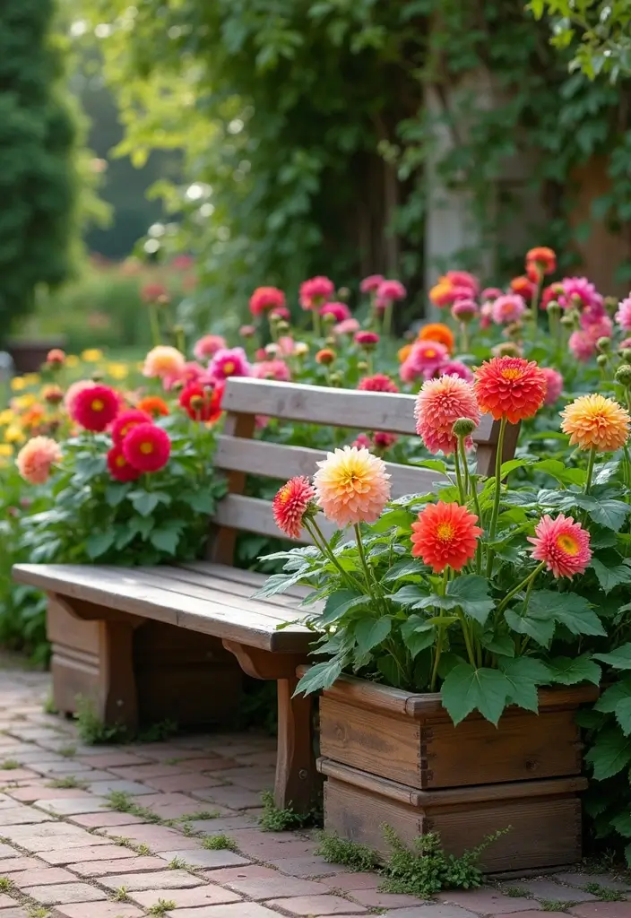 30 Dahlia Planter Ideas to Showcase Bold Blooms 101 30 Dahlia Planter Ideas to Showcase Bold Blooms - 17. Garden Bench Planters