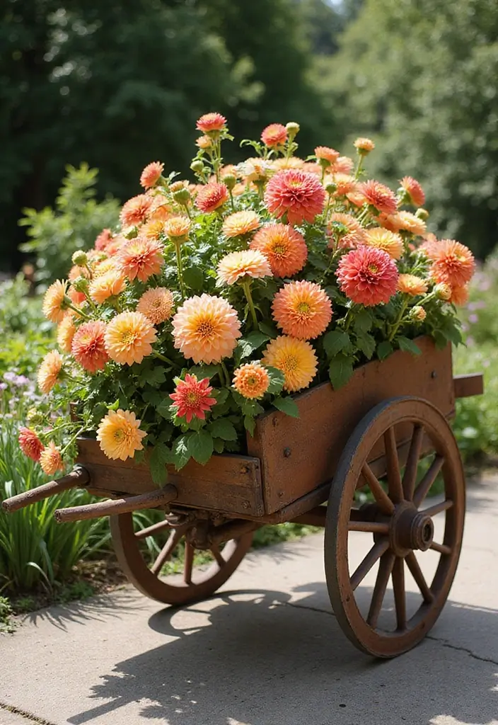 30 Dahlia Planter Ideas to Showcase Bold Blooms 116 30 Dahlia Planter Ideas to Showcase Bold Blooms - 20. Flower Cart Planters