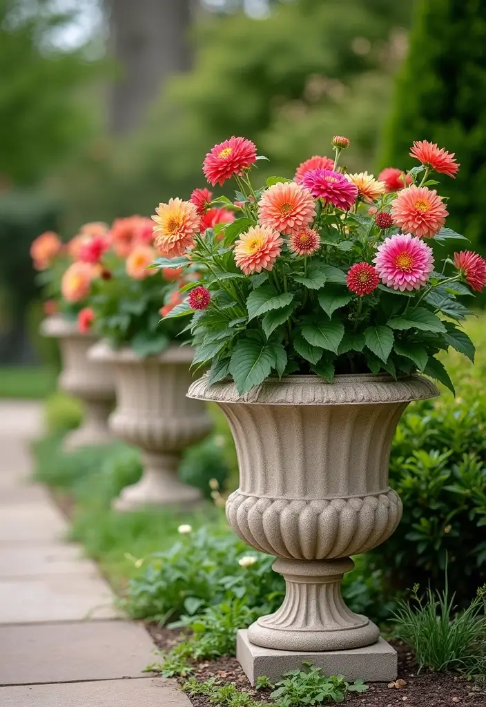 30 Dahlia Planter Ideas to Showcase Bold Blooms 144 30 Dahlia Planter Ideas to Showcase Bold Blooms - 24. Decorative Stone Planters