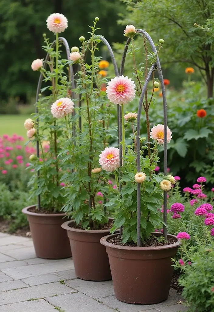 30 Dahlia Planter Ideas to Showcase Bold Blooms 151 30 Dahlia Planter Ideas to Showcase Bold Blooms - 25. Planters with Trellises
