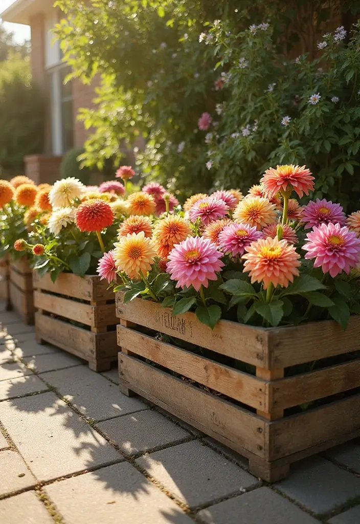 30 Dahlia Planter Ideas to Showcase Bold Blooms 15 30 Dahlia Planter Ideas to Showcase Bold Blooms - 3. Rustic Wooden Crates