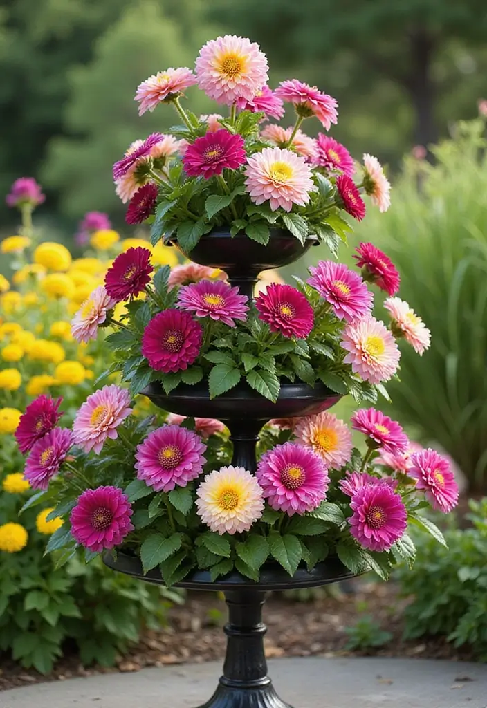 30 Dahlia Planter Ideas to Showcase Bold Blooms 41 30 Dahlia Planter Ideas to Showcase Bold Blooms - 7. Tiered Plant Stands