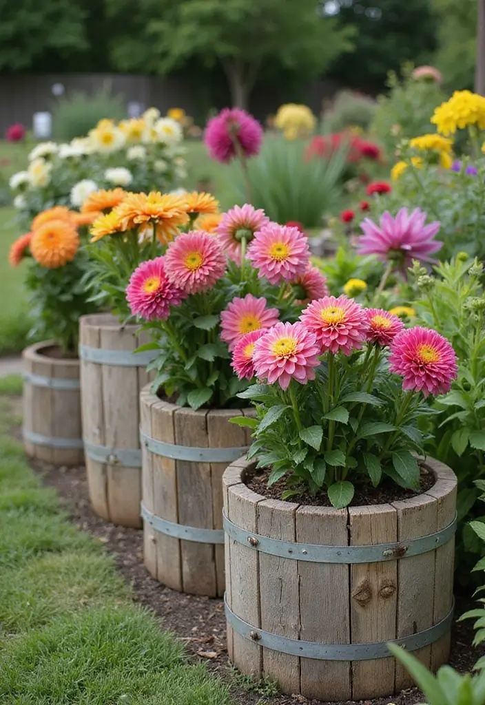 30 Dahlia Planter Ideas to Showcase Bold Blooms 46 30 Dahlia Planter Ideas to Showcase Bold Blooms - 8. Reclaimed Wood Planters