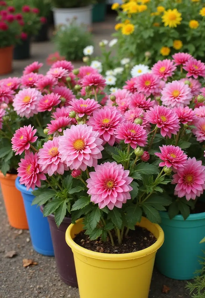 30 Dahlia Planter Ideas to Showcase Bold Blooms 53 30 Dahlia Planter Ideas to Showcase Bold Blooms - 9. Colorful Plastic Containers