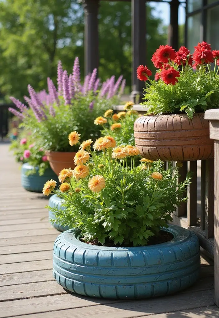 30 Deck Railing Planter Ideas for Vertical Garden Beauty - 12. Upcycled Tire Planters