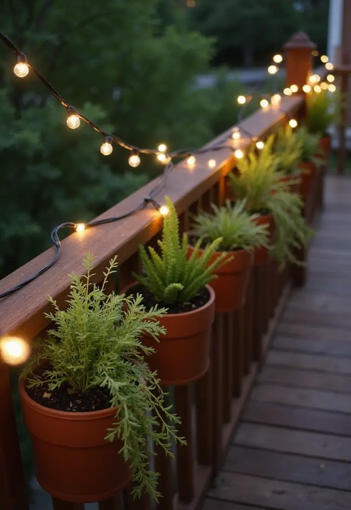30 Deck Railing Planter Ideas for Vertical Garden Beauty - 16. String Light Planters