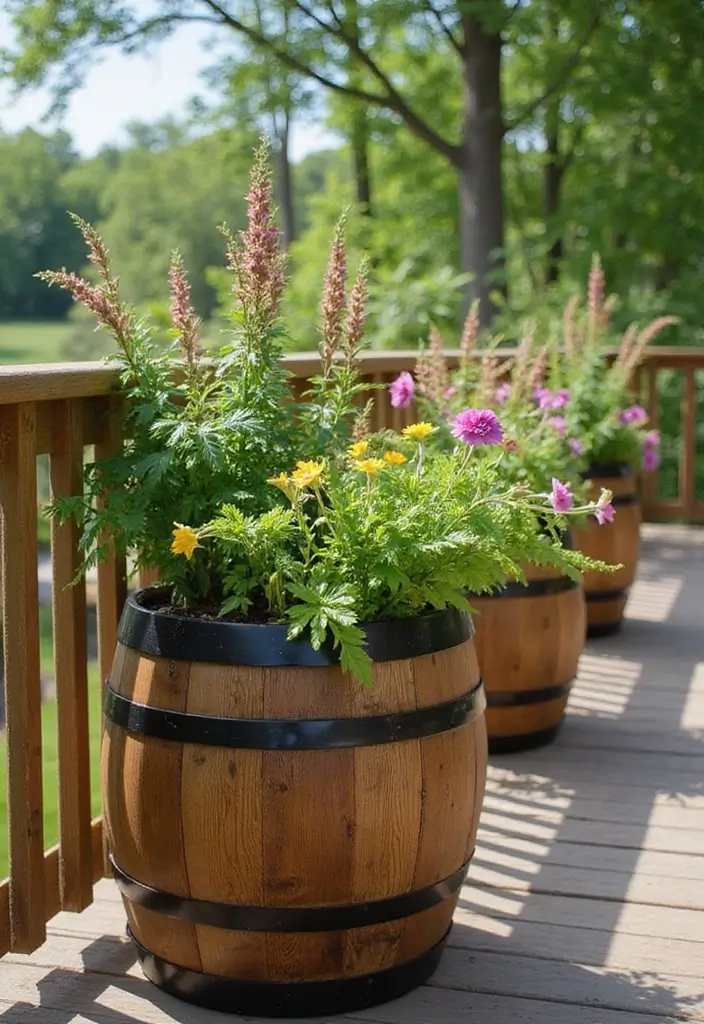 30 Deck Railing Planter Ideas for Vertical Garden Beauty - 19. Wooden Barrel Planters
