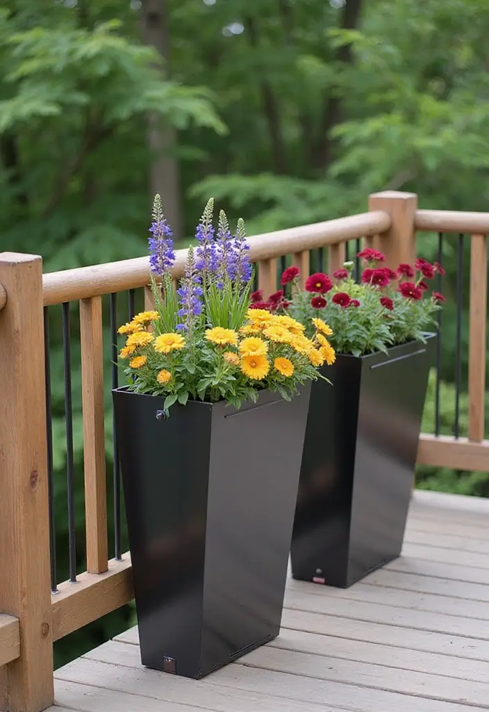30 Deck Railing Planter Ideas for Vertical Garden Beauty - 20. Decorative Metal Planters