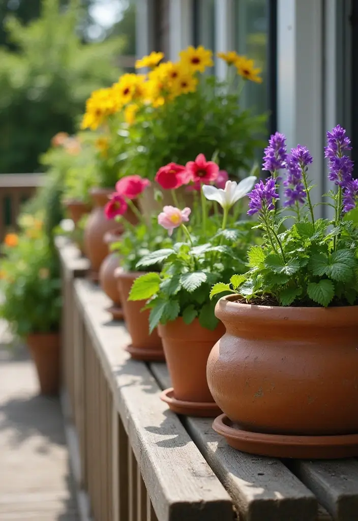 30 Deck Railing Planter Ideas for Vertical Garden Beauty - 21. Terracotta Pot Displays