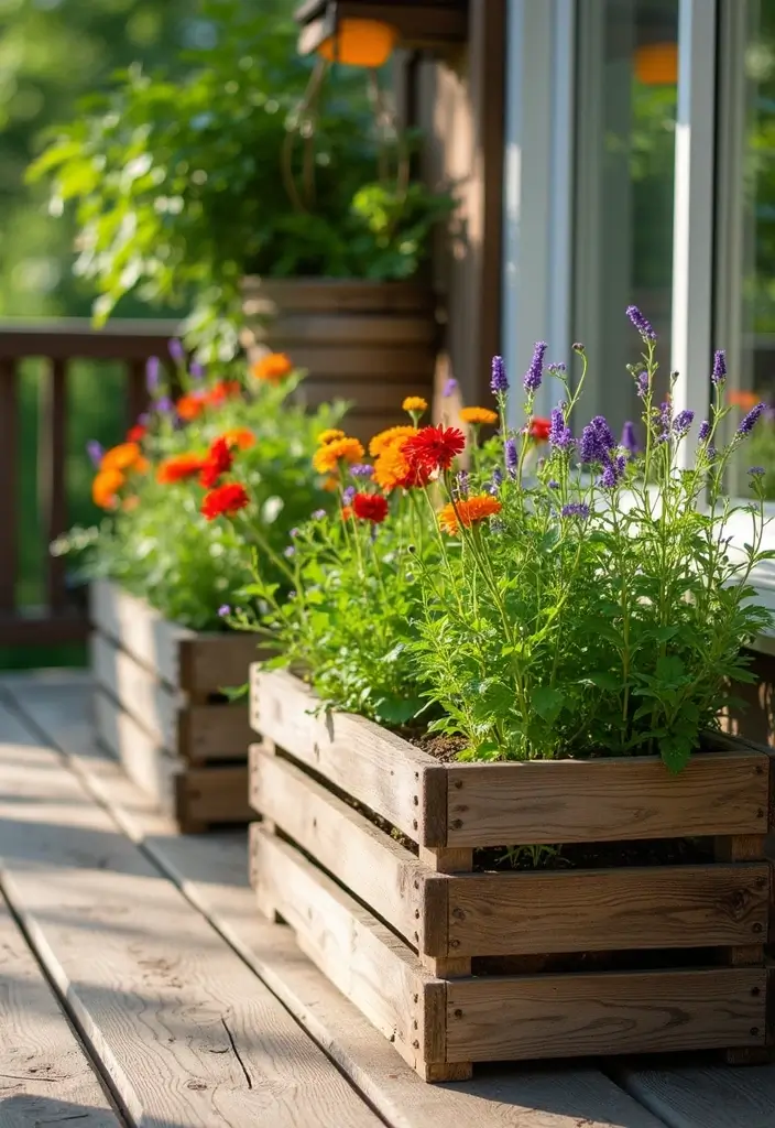 30 Deck Railing Planter Ideas for Vertical Garden Beauty - 26. Upcycled Wooden Crate Planters