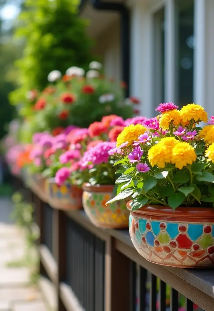 30 Deck Railing Planter Ideas for Vertical Garden Beauty - 29. Colorful Mosaic Planters