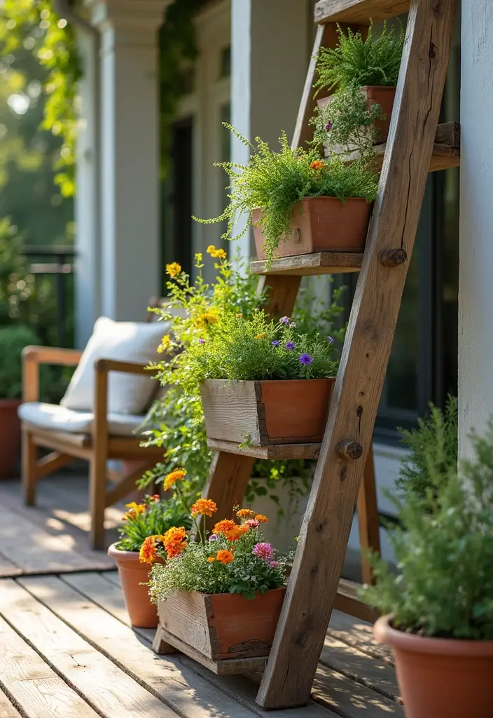 30 Deck Railing Planter Ideas for Vertical Garden Beauty - 5. DIY Ladder Planters