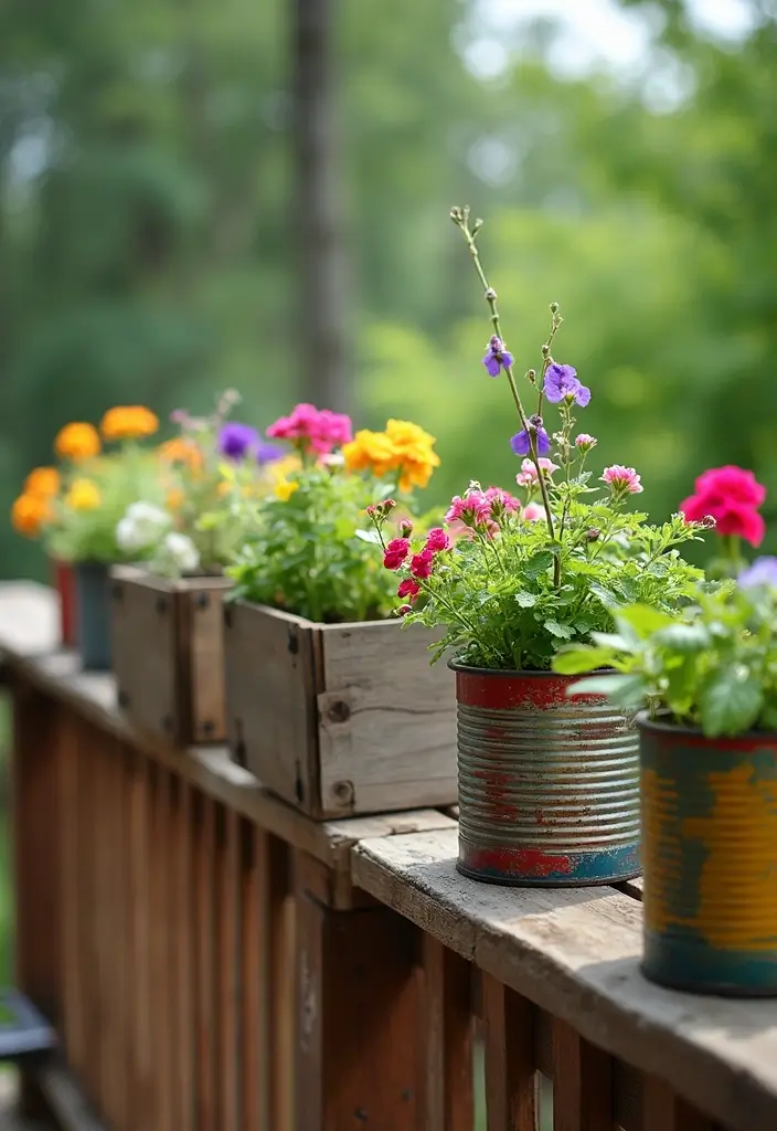 30 Deck Railing Planter Ideas for Vertical Garden Beauty - 7. Recycled Materials Planters