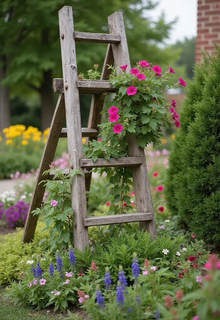 30 Dollar Tree Trellis Ideas That Are Budget-Friendly and Cute - 2. Upcycled Ladder Trellis