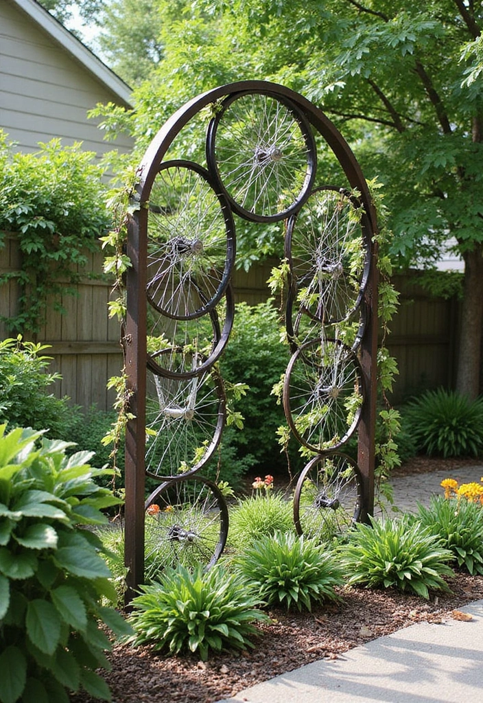 30 Dollar Tree Trellis Ideas That Are Budget-Friendly and Cute - 21. Recycled Bike Wheel Trellis